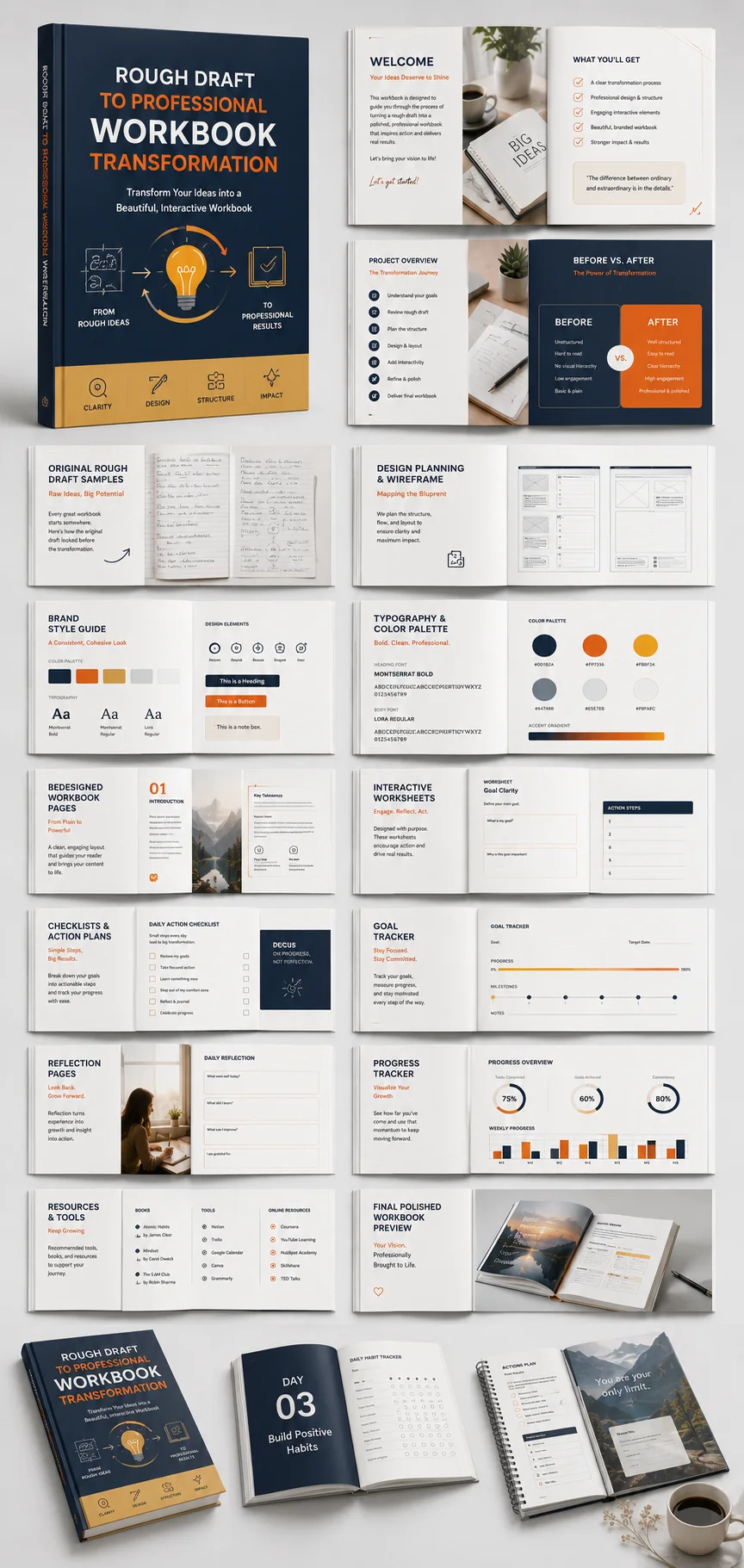 Rough Draft to Professional Workbook Transformation portfolio presentation board